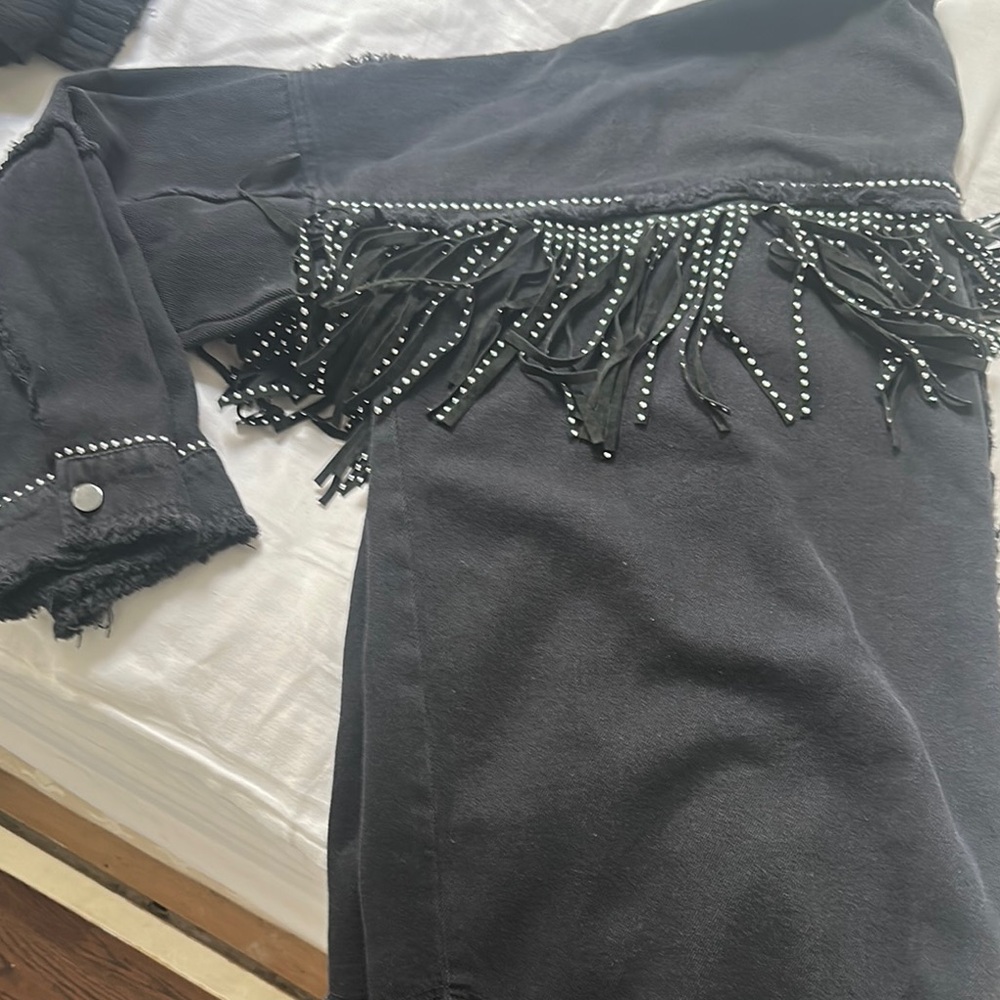 Zara Black Jean Jacket with Fringe and Studs